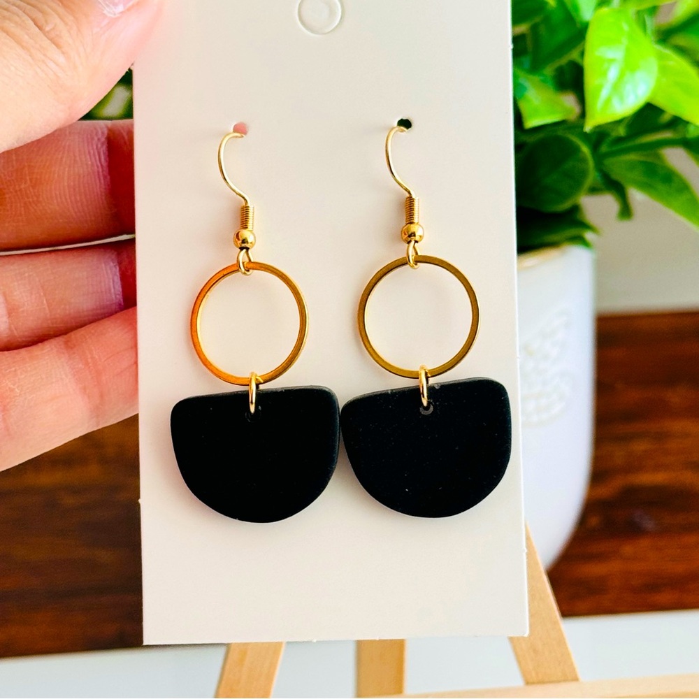 Brand new handmade Black polymer clay earrings, gold plated surgical steel hooks